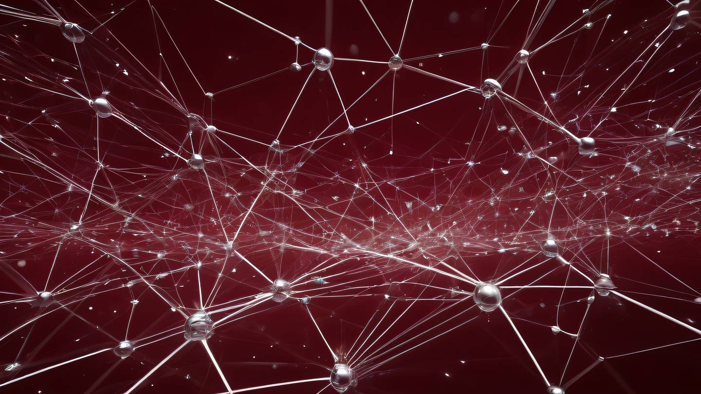 A futuristic abstract network visualization with interconnected nodes floating in space featuring flowing silver and white light streams against a deep red background sharp geometric patterns suggesting data flow captured from a top-down perspective high-quality ultra-realistic cinematic 8K UHD high resolution sharp and detail