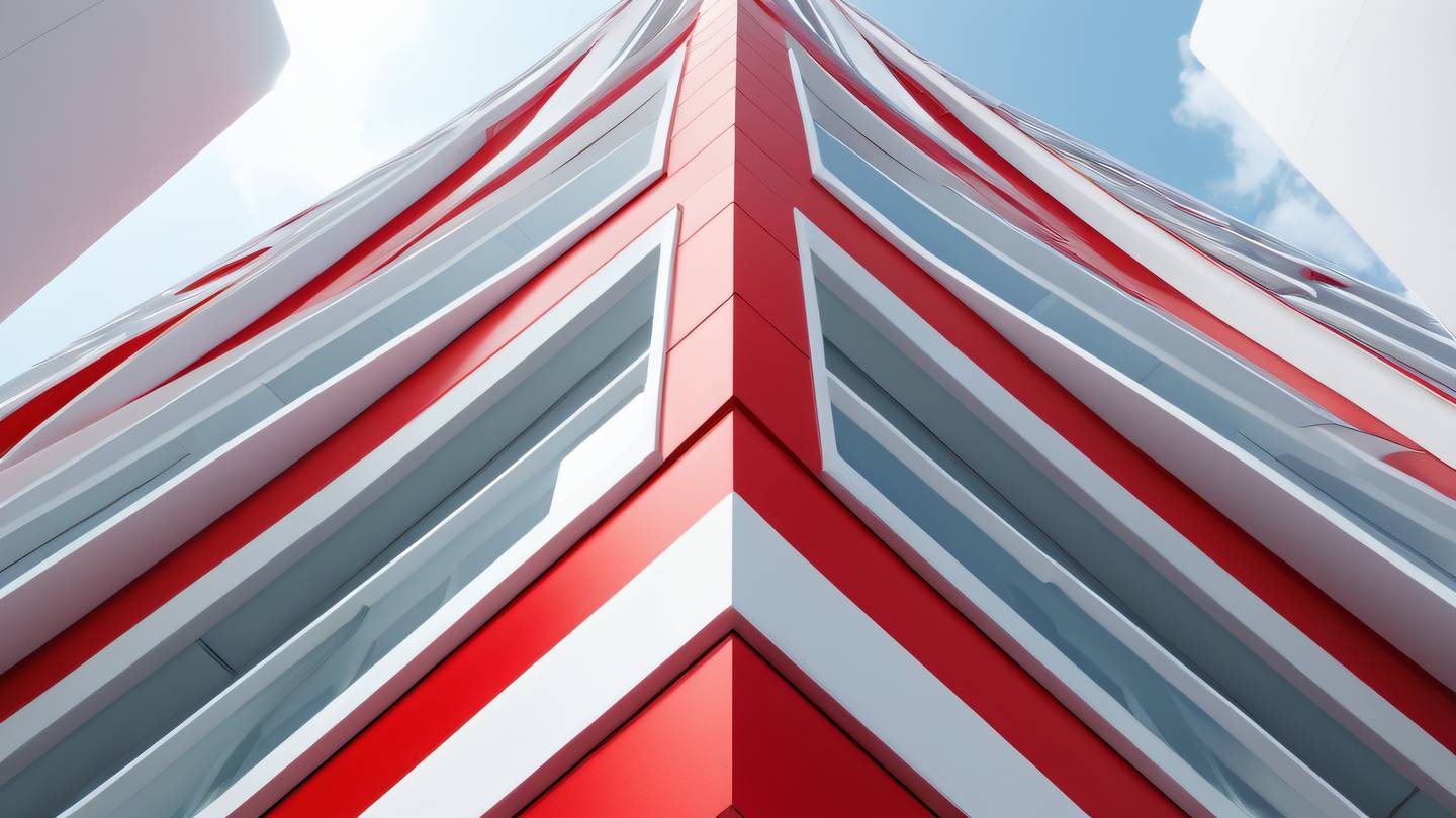 Abstract architectural structure with clean geometric lines and reflective surfaces dominant colors: bright crimson red and pure white shot from straight-on perspective with balanced composition high-quality ultra-realistic cinematic 8K UHD high resolution sharp and detail