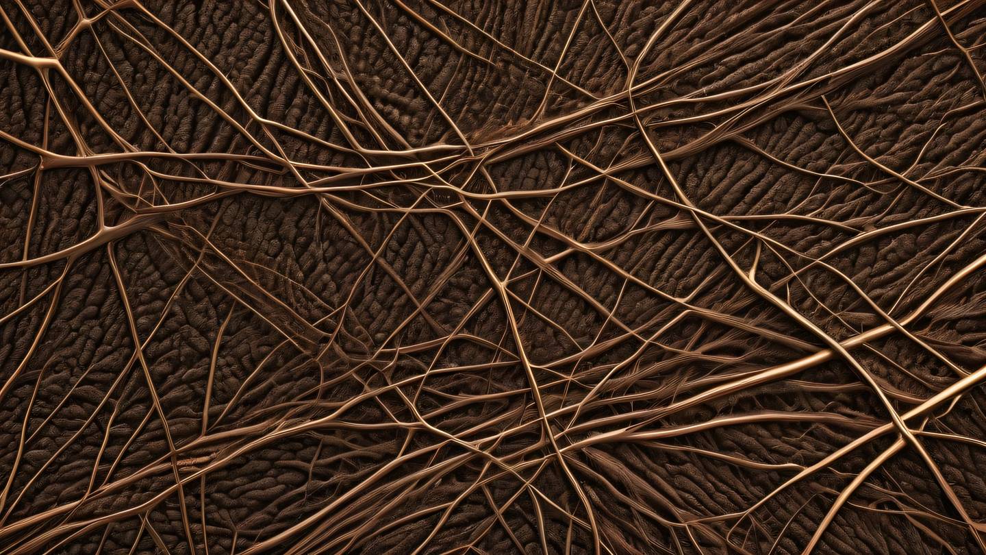 Organic textures resembling network patterns in nature featuring bright neutral and dark bronze colors shot from diagonal angle high-quality ultra-realistic cinematic 8K UHD high resolution sharp and detail