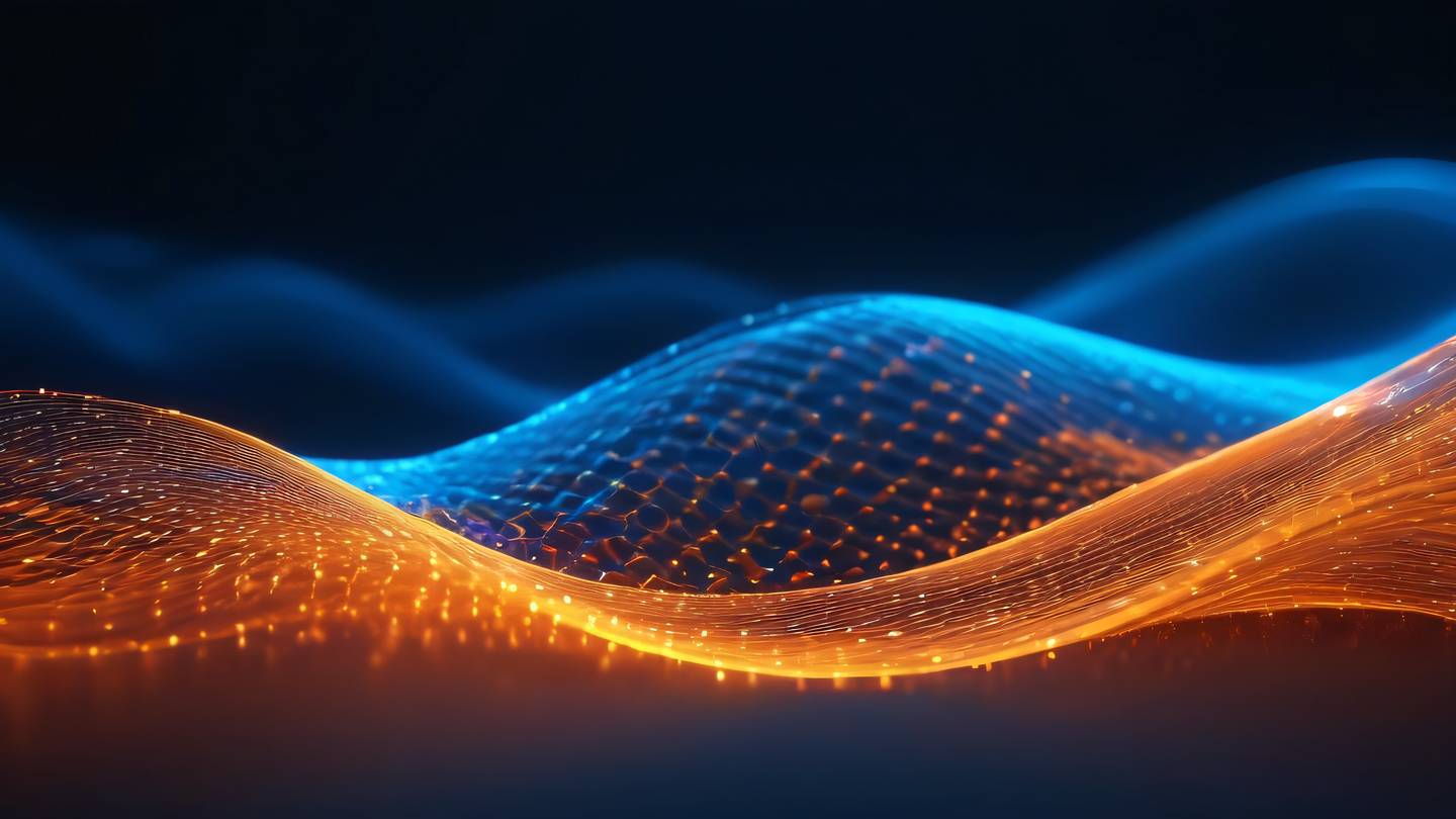 Abstract digital waves and particles in motion flowing energy streams in bright orange and electric blue colors against iridescent background shot from low angle perspective high-quality ultra-realistic cinematic 8K UHD high resolution sharp and detail