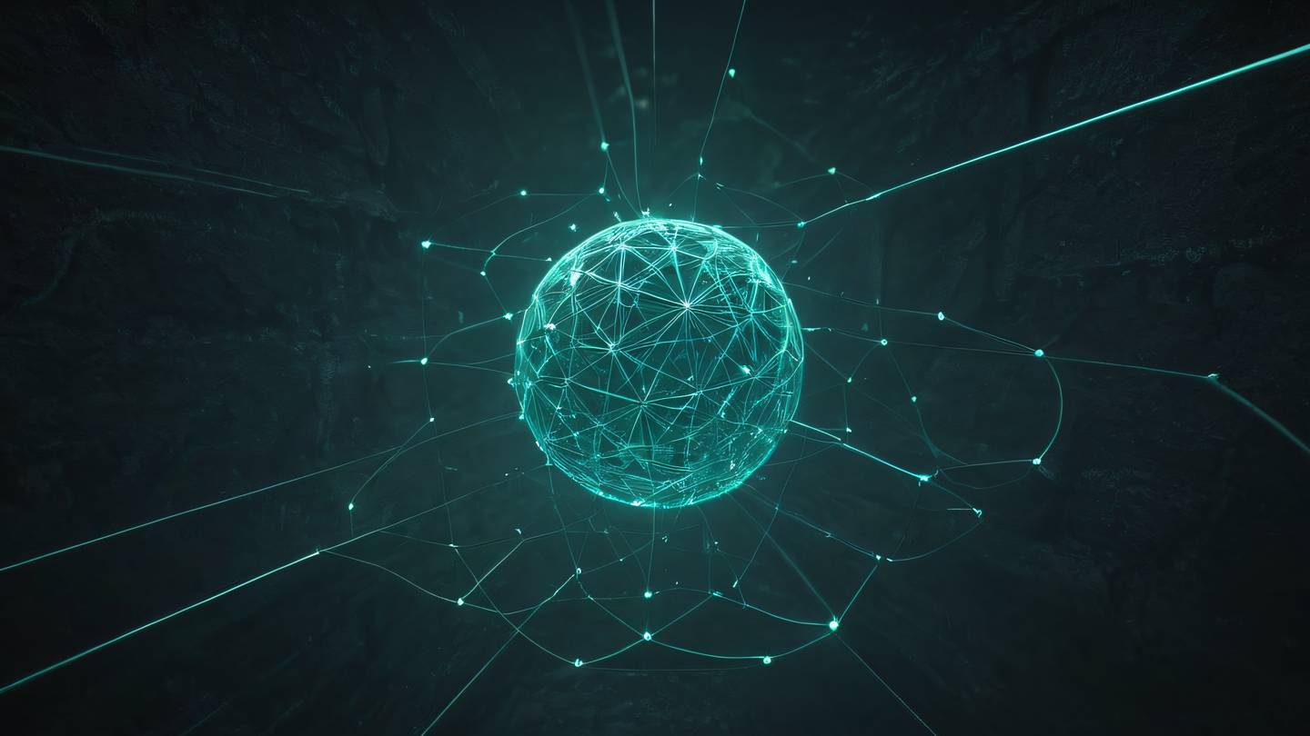 A floating geometric sphere made of interconnected nodes and pathways representing data flow and connectivity rendered in bright teals and sage greens against a dark concrete background shot from a low angle with dramatic lighting high-quality ultra-realistic cinematic 8K UHD high resolution sharp and detail