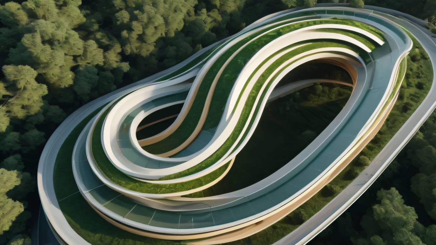 Abstract architectural structure with flowing lines and curves featuring sage and pine green gradients with golden accents captured from a birds-eye perspective floating in a minimalist space high-quality ultra-realistic cinematic 8K UHD high resolution sharp and detail