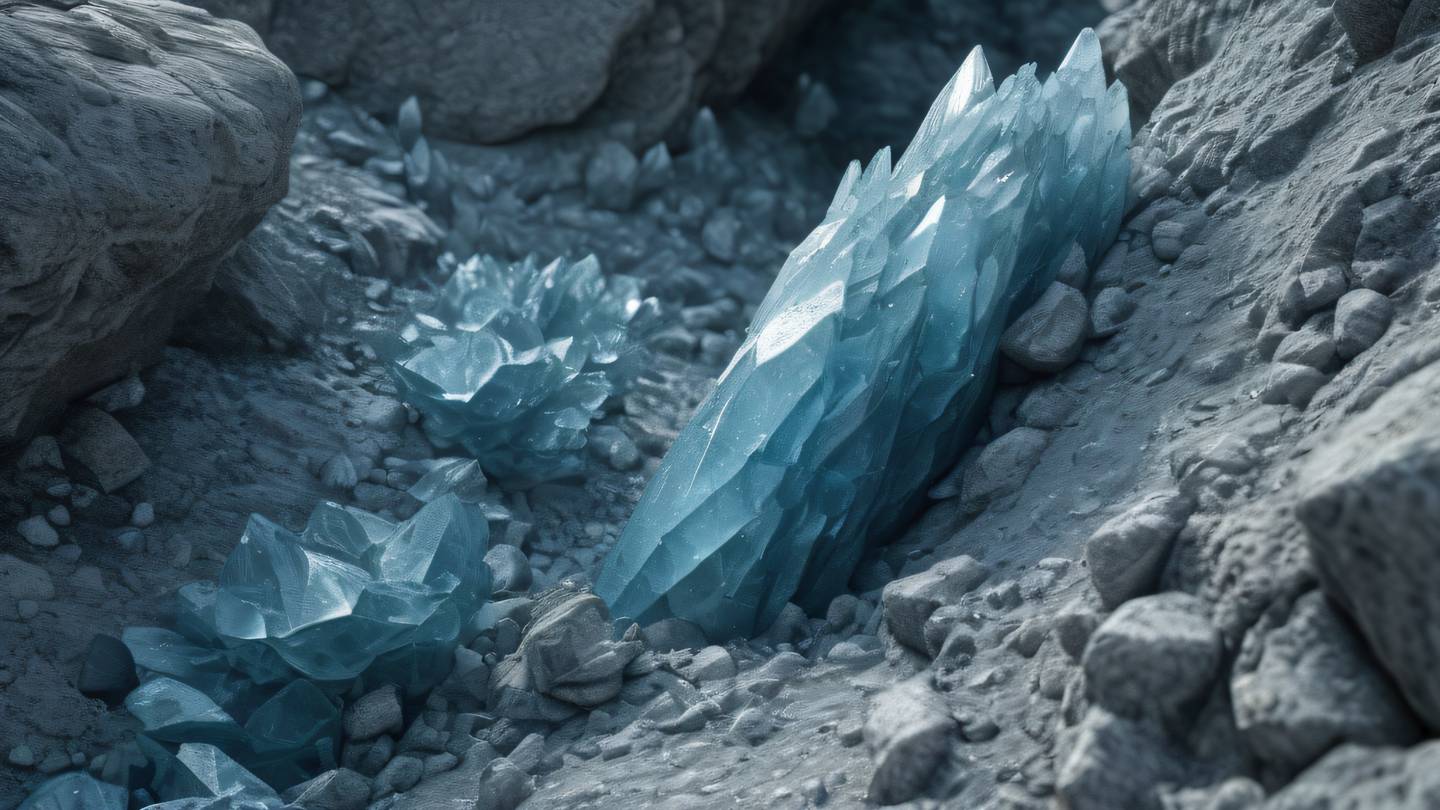 A crystalline formation emerging from a rocky surface with dusty blue and zinc metallic colors intertwining in organic patterns photographed from a dutch angle high-quality ultra-realistic cinematic 8K UHD high resolution sharp and detail
