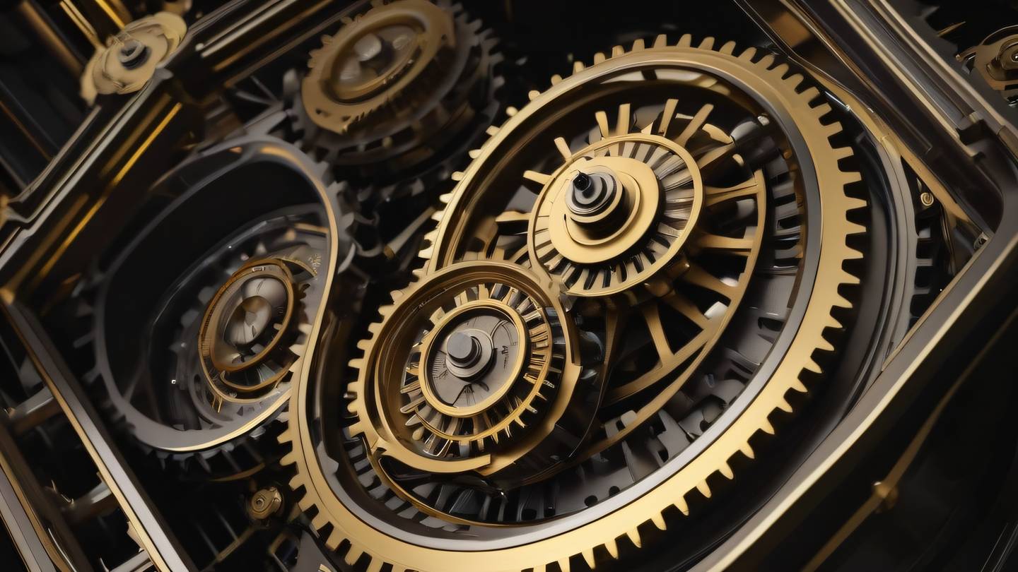 An abstract mechanical construct with interlocking gears and flowing energy patterns rendered in dark academia browns and golds with bright accent highlights viewed from a dramatic upward angle high-quality ultra-realistic cinematic 8K UHD high resolution sharp and detail