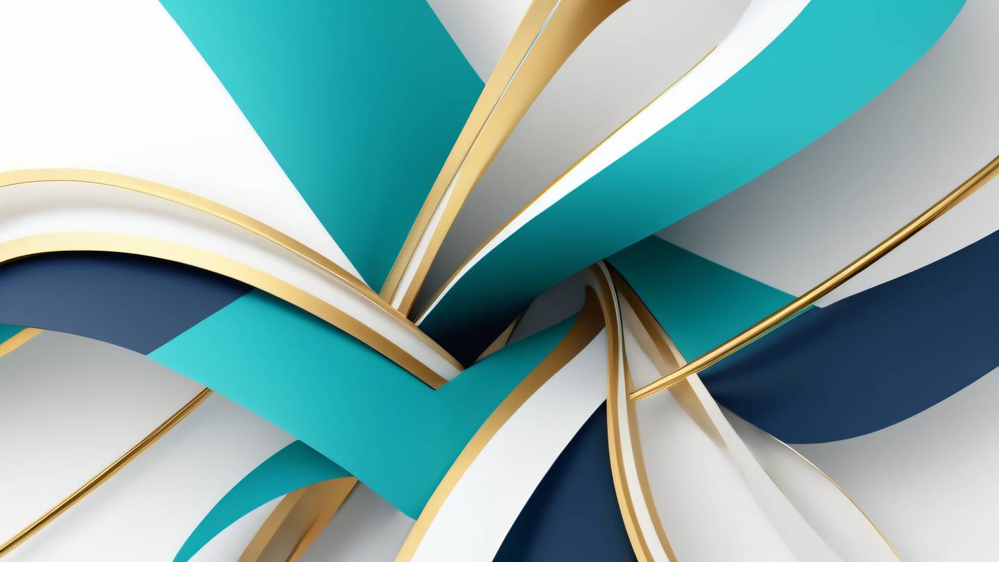 A modern abstract composition featuring interlocking geometric shapes and flowing lines colors of bright turquoise gold and deep navy blue against pure white background shot from top-down perspective high-quality ultra-realistic cinematic 8K UHD high resolution sharp and detail