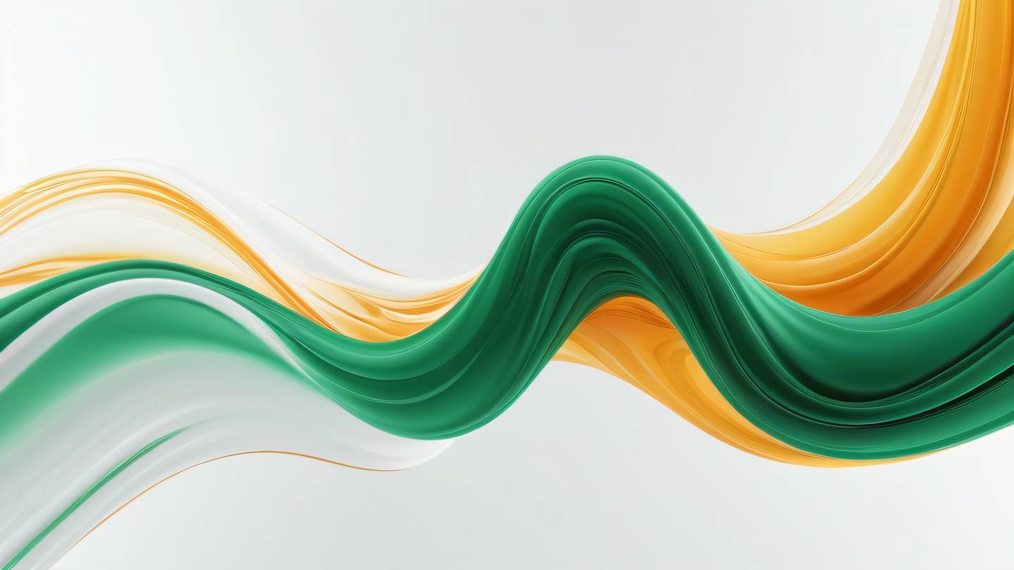 An abstract fluid design with smooth flowing curves representing data streams featuring bright emerald green and warm amber waves intertwining against a crisp white backdrop captured from a diagonal angle high-quality ultra-realistic cinematic 8K UHD high resolution sharp and detail