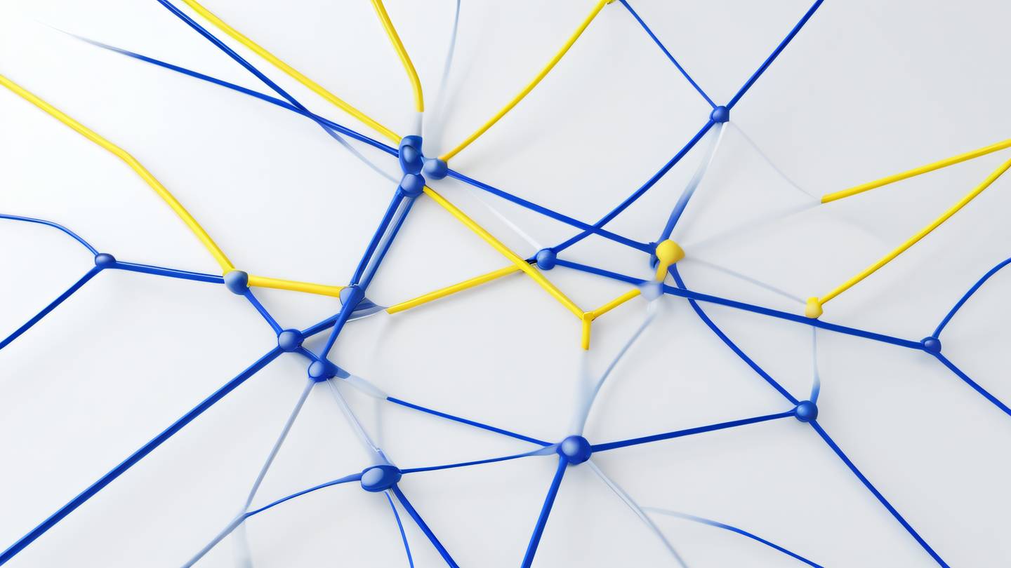 A minimalist geometric pattern representing network connections with bright cobalt blue and sunshine yellow lines intersecting on a clean white surface shot from a 45-degree angle high-quality ultra-realistic cinematic 8K UHD high resolution sharp and detail