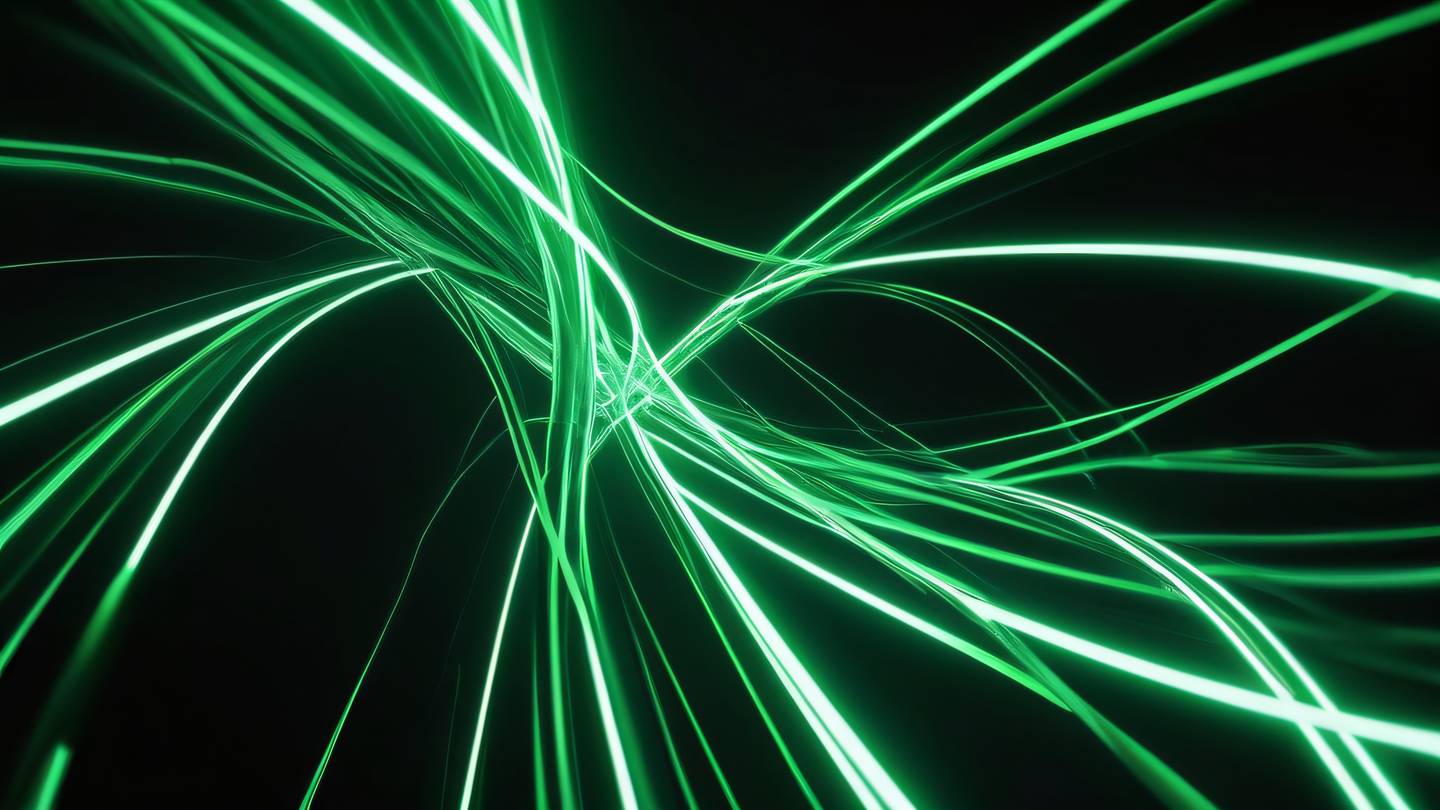 A flowing abstract representation of data security featuring interweaving ribbons of neon green and white light streams against a dark background shot from a low angle perspective creating a sense of upward movement and protection high-quality ultra-realistic cinematic 8K UHD high resolution sharp and detail