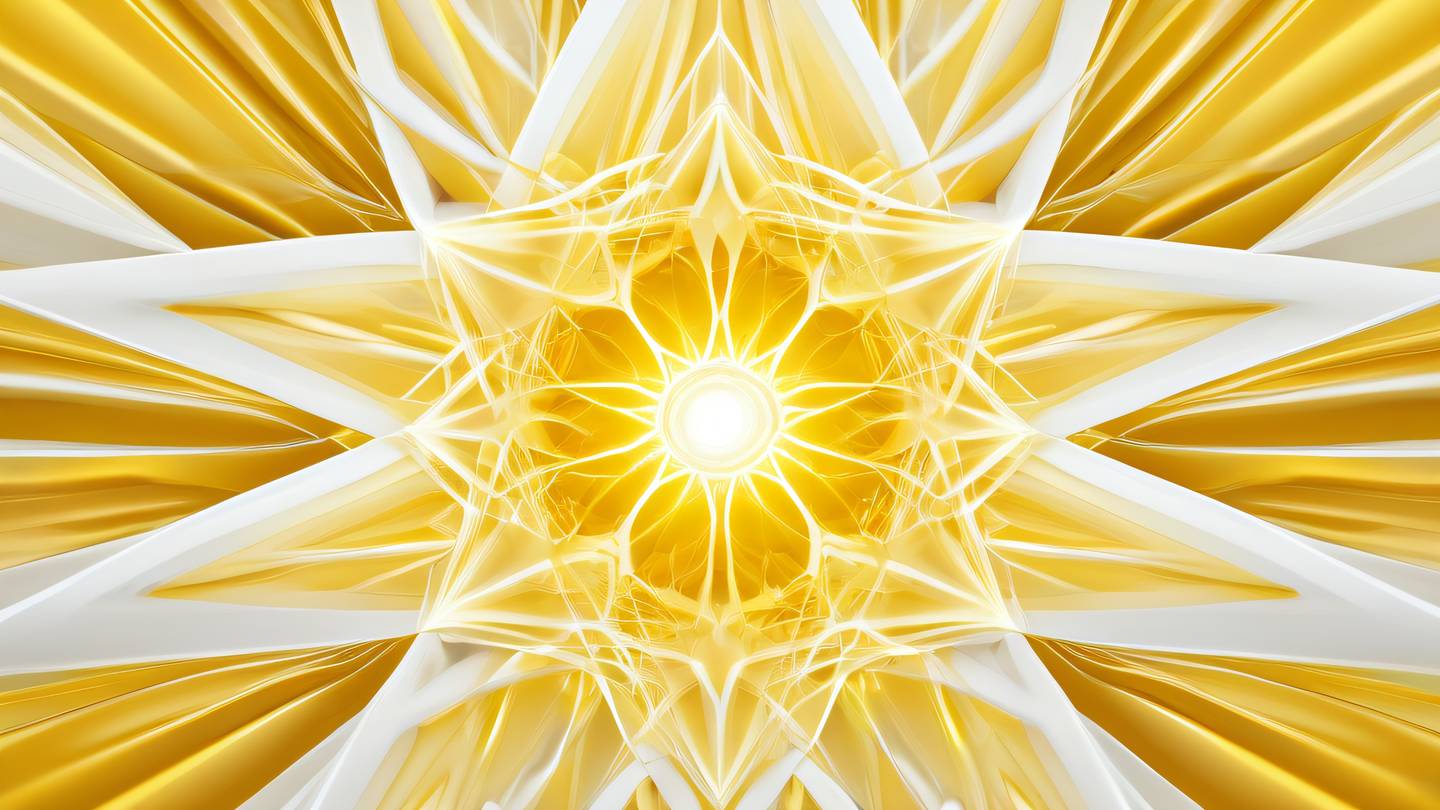 Abstract digital art representing growth and development featuring interconnected geometric shapes emerging from a central point rendered in bright yellow and white gradient with flowing energy streams symbolizing the journey of learning React high-quality ultra-realistic cinematic 8K UHD high resolution sharp and detail