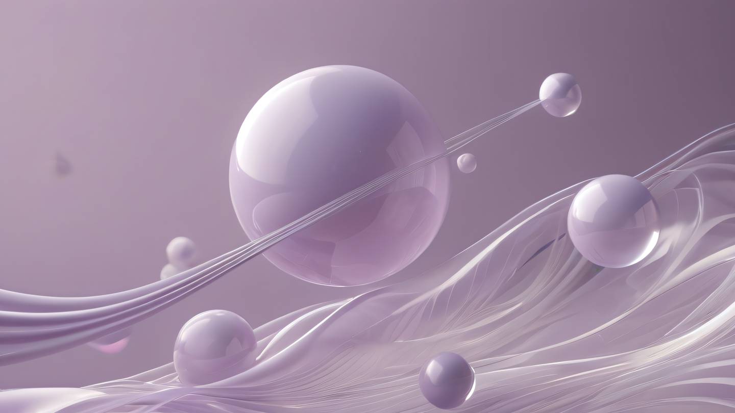 Abstract 3D digital art visualization of interconnected geometric shapes flowing and transforming representing the dynamic nature of React state management with floating translucent spheres and flowing lines in dusty lavender pale pink and silver colors high-quality ultra-realistic cinematic 8K UHD high resolution sharp and detail