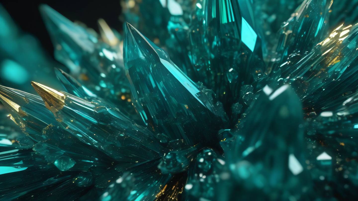 Flowing crystal formations merging and transforming representing code synthesis in deep teal and emerald colors with subtle golden highlights high-quality ultra-realistic cinematic 8K UHD high resolution sharp and detail