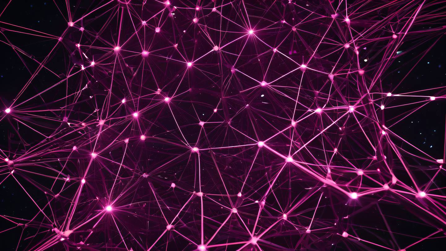 A futuristic abstract network of glowing nodes and connections spreading across a dark space with bright pink and zinc metallic colors interweaving in geometric patterns ultra-realistic cinematic 8K UHD high resolution sharp and detailed