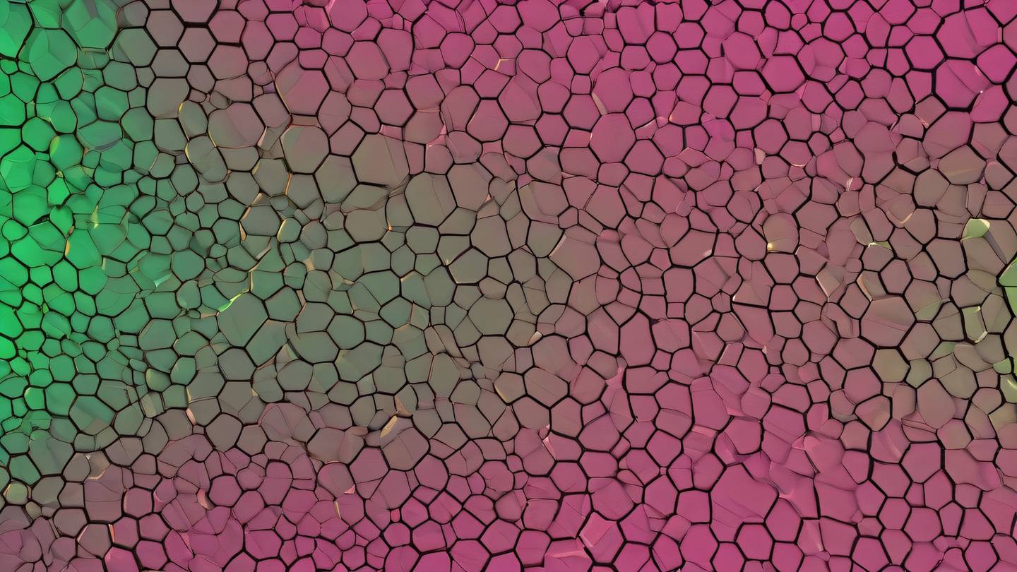 Abstract geometric pattern showing a gradient transition from bright natural green to pink featuring interconnected hexagonal shapes floating in space high-quality ultra-realistic cinematic 8K UHD high resolution sharp and detailed