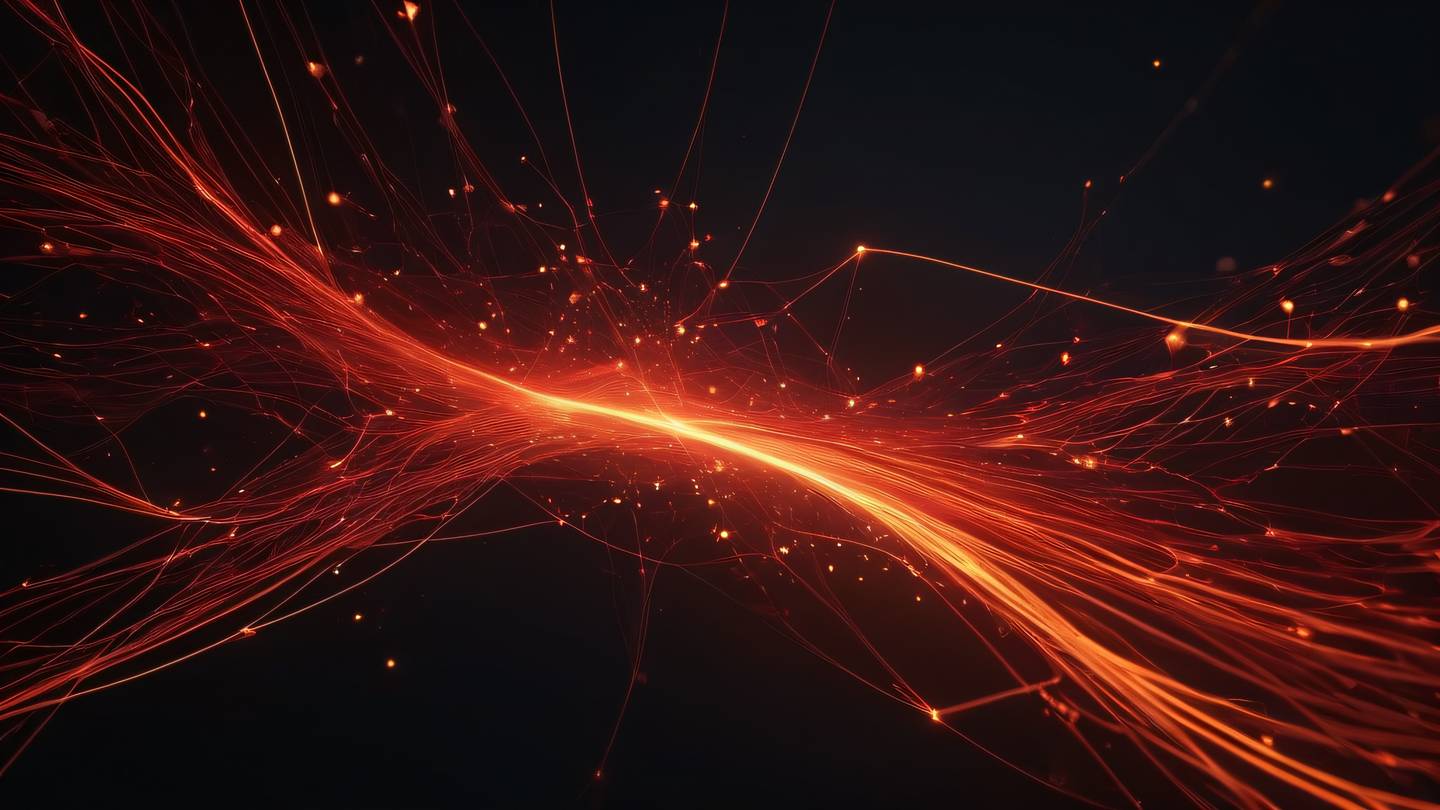 Futuristic abstract network of glowing red and orange energy flows against a dark background representing data flow and component interactions high-quality ultra-realistic cinematic 8K UHD high resolution sharp and detail
