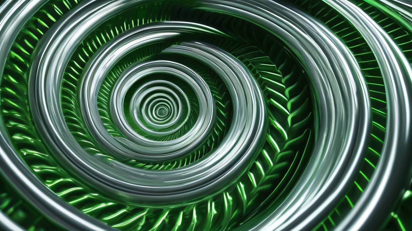 Spiraling geometric patterns in silver and bright green colors forming an infinite pathway with subtle metallic reflections high-quality ultra-realistic cinematic 8K UHD high resolution sharp and detailed