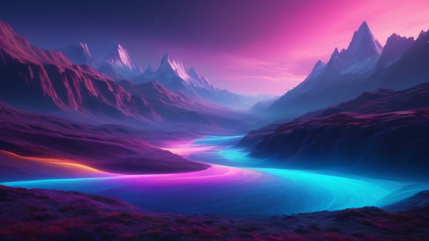 Ethereal abstract landscape with flowing neon and iridescent colors blending into each other creating a harmonious composition ultra-realistic cinematic 8K UHD high resolution sharp and detailed