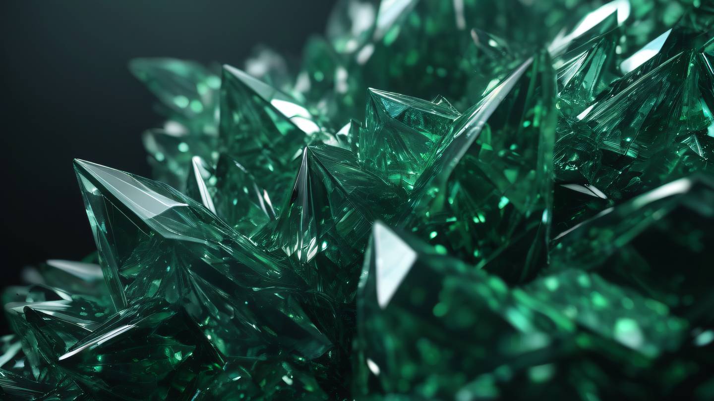 Crystalline structures in bright silver and green hues emerging from a dark background with geometric patterns creating depth and dimension high-quality ultra-realistic cinematic 8K UHD high resolution sharp and detailed