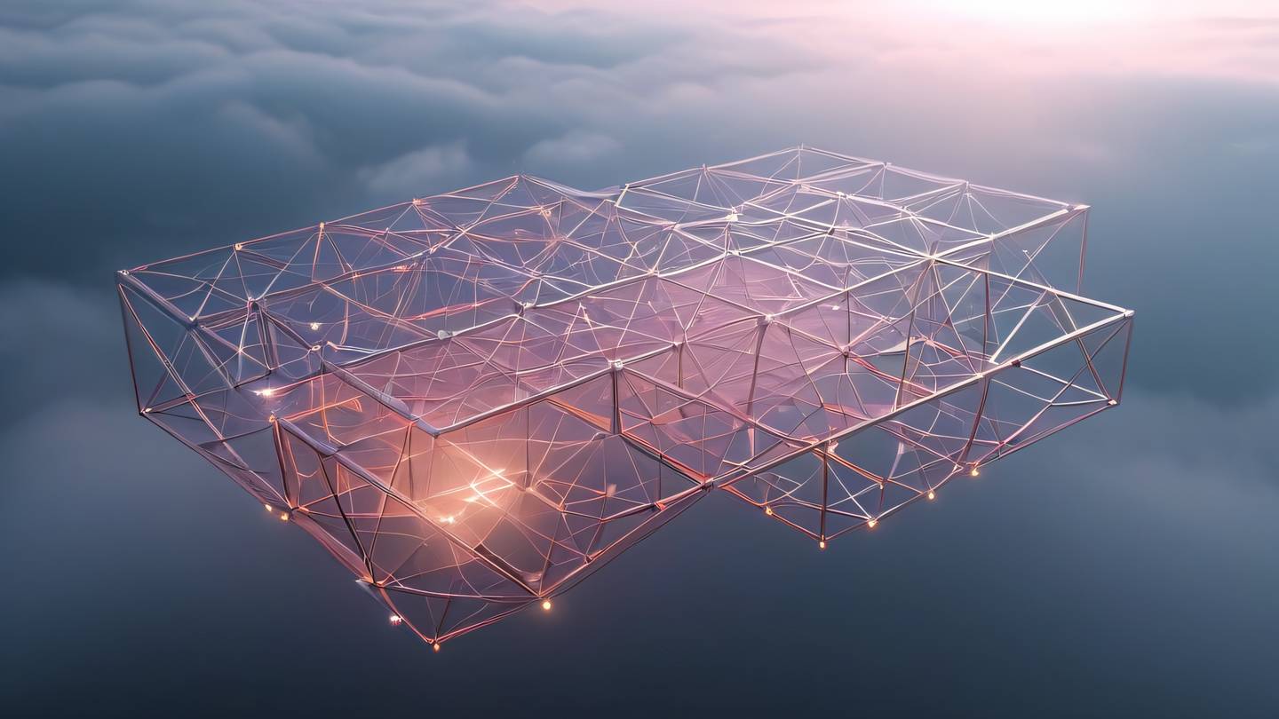 A floating geometric structure with interconnected nodes and pathways featuring bright zinc and rose gradients suspended in a misty atmosphere high-quality ultra-realistic cinematic 8K UHD high resolution sharp and detail