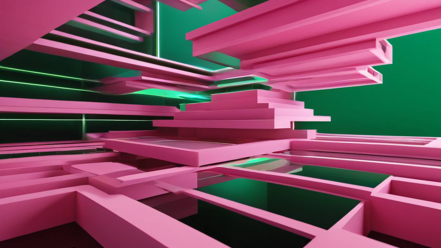 Abstract 3D architectural composition showing layers and levels in bright pink and green colors floating in space creating a sense of organization and hierarchy high-quality ultra-realistic cinematic 8K UHD high resolution sharp and detail