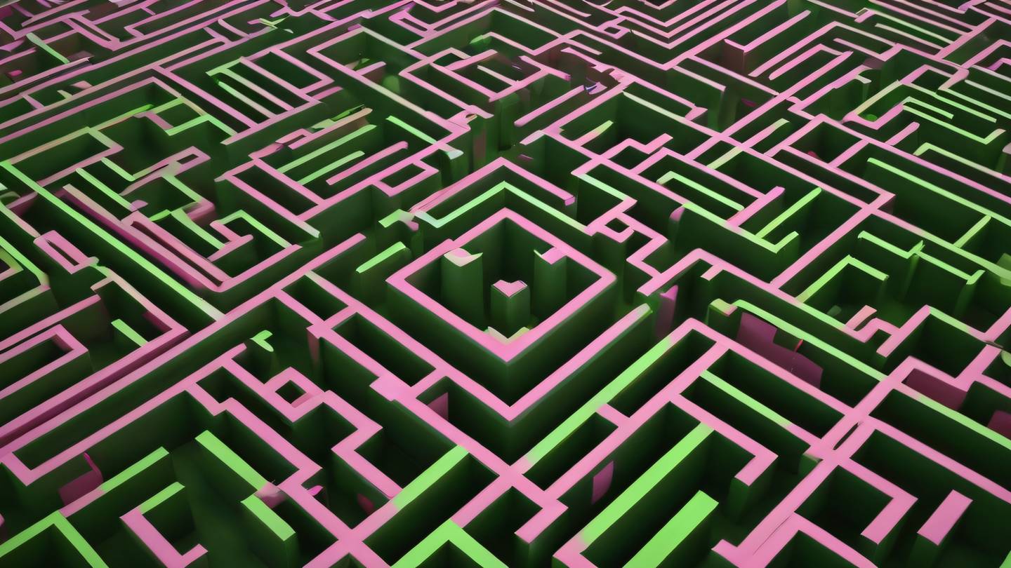 An aerial view of a complex geometric maze pattern in bright green and pink colors viewed from above suggesting organization and flow high-quality ultra-realistic cinematic 8K UHD high resolution sharp and detail