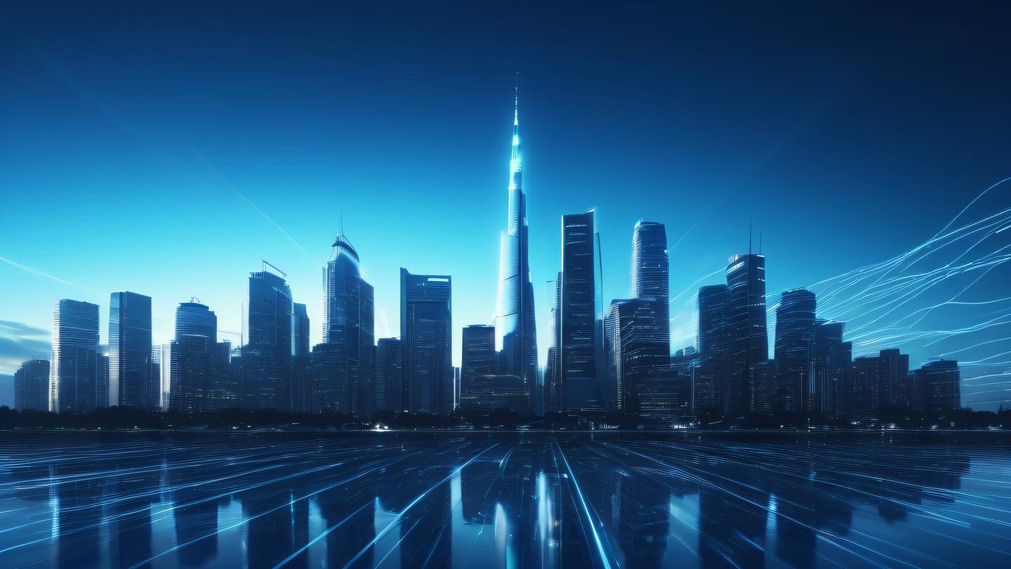 City skyline silhouette with flowing energy lines in bright light blue and cobalt colors captured from low angle perspective high-quality ultra-realistic cinematic 8K UHD high resolution sharp and detail