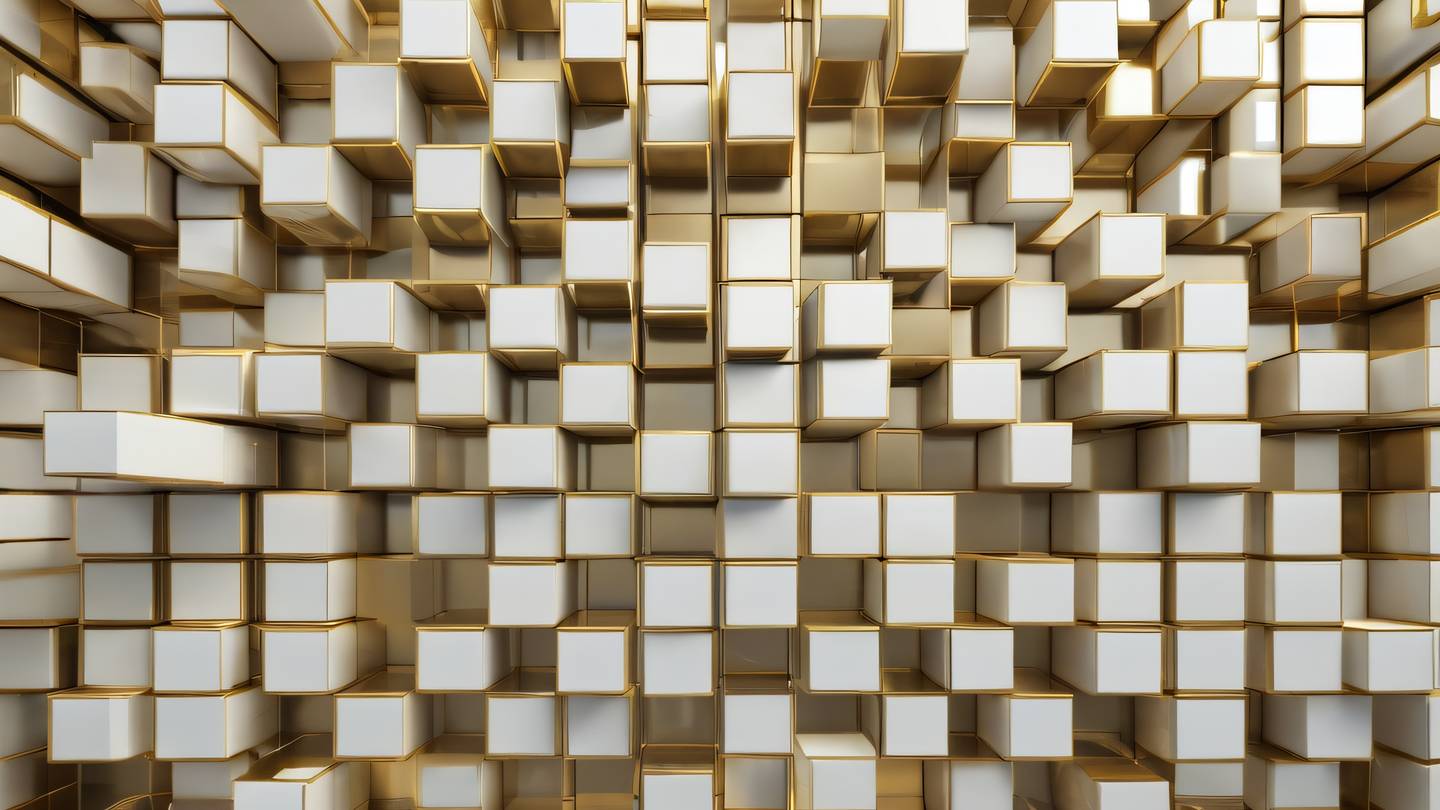 Abstract 3D geometric grid pattern with floating cubes and rectangles in metallic gold and shimmering white colors showing organized structure and harmony ultra-realistic cinematic 8K UHD high resolution sharp and detail