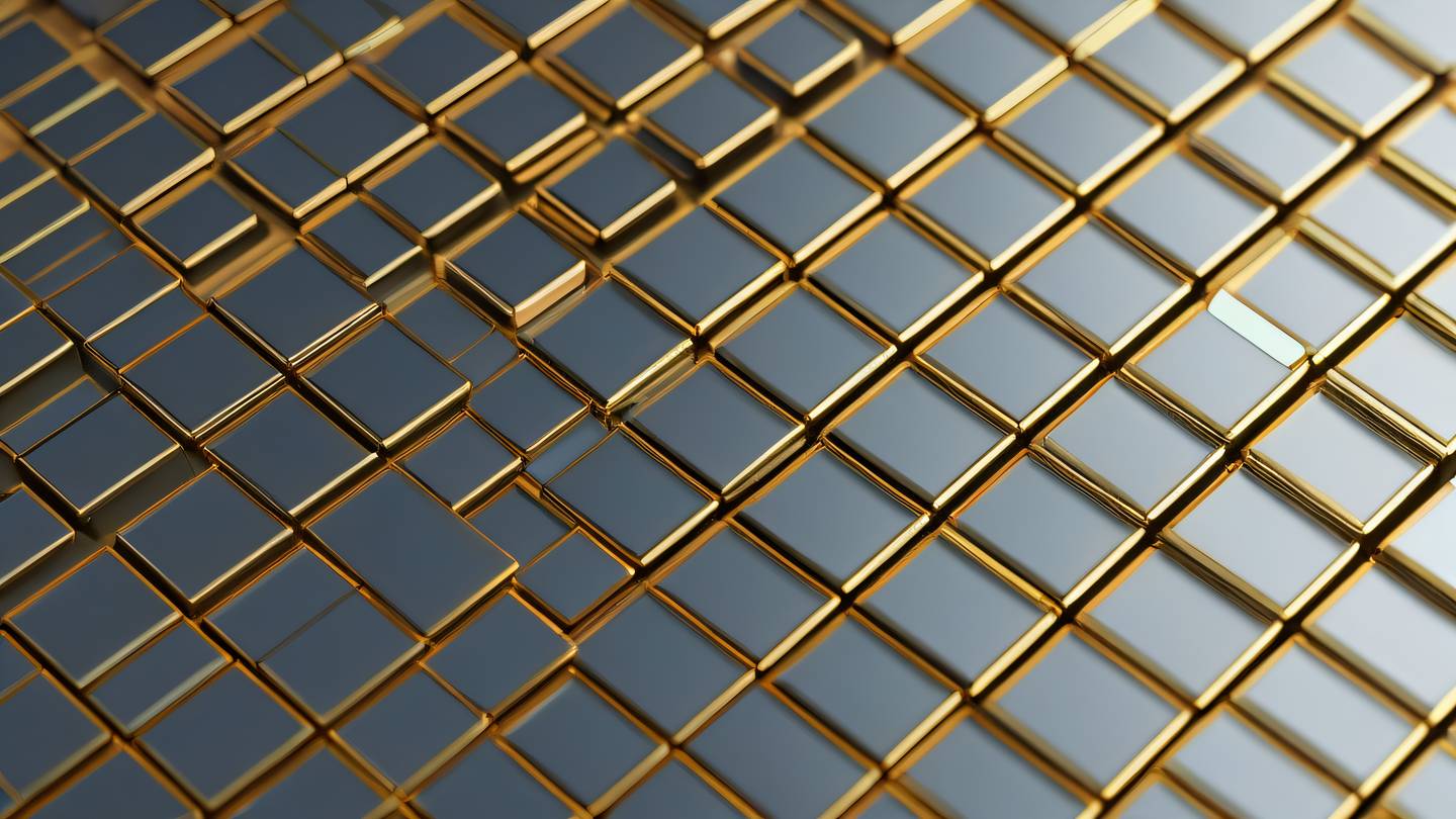 Floating metallic silver and gold rectangular shapes arranged in a harmonious grid pattern against a bright gradient background showing depth and dimension high-quality ultra-realistic cinematic 8K UHD sharp and detail