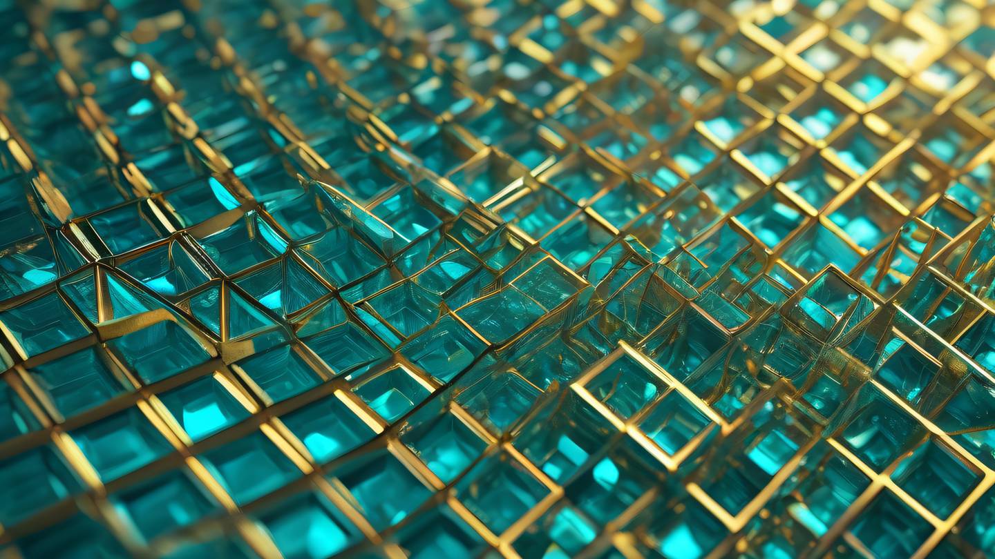 Elegant 3D rendered crystalline structures in shimmering gold and bright turquoise arranged in a grid-like formation with light refractions high-quality ultra-realistic cinematic 8K UHD high resolution sharp and detail