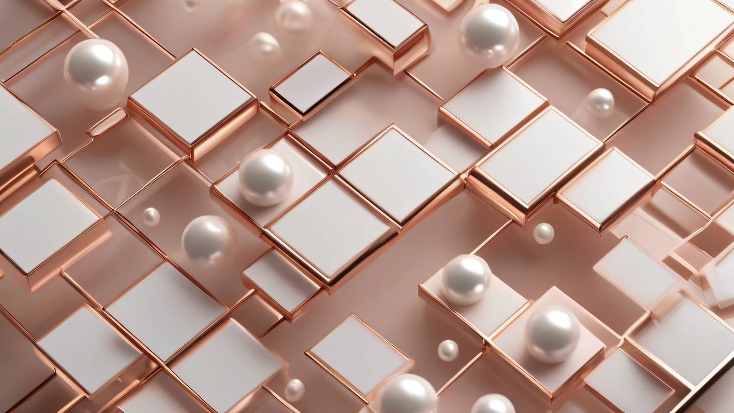 Dynamic abstract composition of floating geometric shapes in metallic rose gold and pearl white arranged in a harmonious grid pattern with soft lighting effects high-quality ultra-realistic cinematic 8K UHD high resolution sharp and detail
