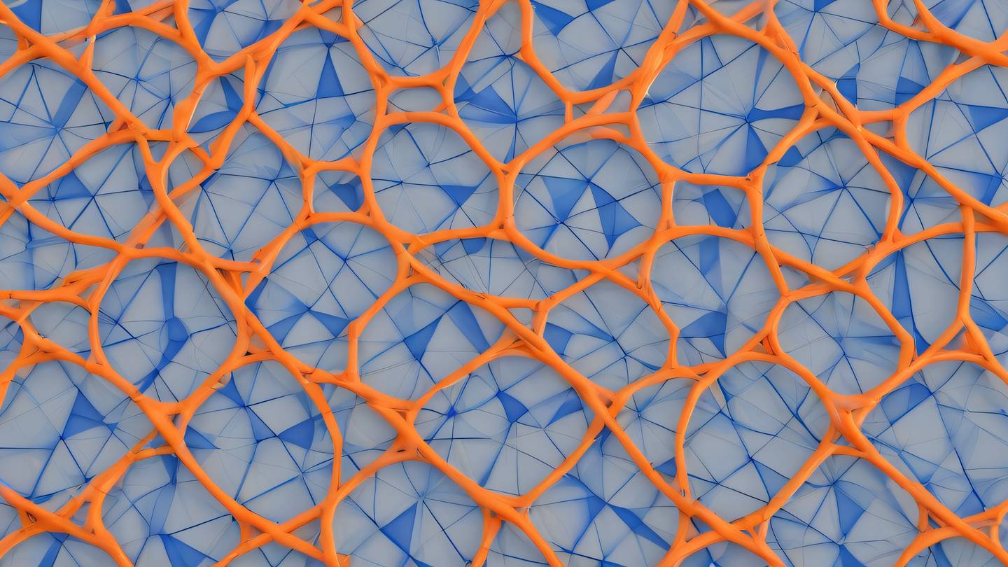 Geometric pattern of interconnected circles and triangles in bright orange and cobalt blue against a light background symbolizing connectivity and inclusion - high-quality ultra-realistic cinematic 8K UHD high resolution sharp and detail