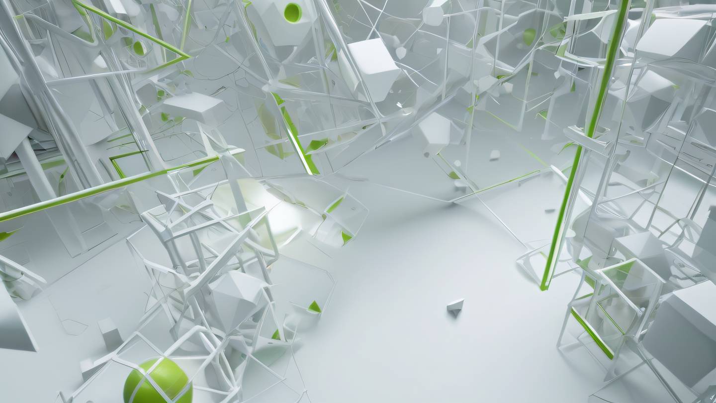Abstract 3D rendering of interconnected geometric shapes floating in space bright white and zinc colors with lime accents suggesting innovation and technology high-quality ultra-realistic cinematic 8K UHD high resolution sharp and detail