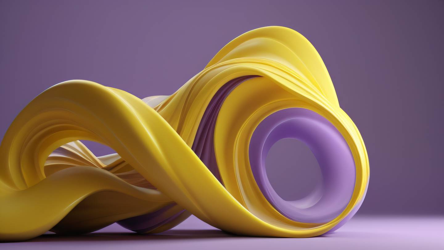 Dynamic 3D abstract sculpture with flowing curves and shapes in bright canary yellow and lilac creating a sense of movement and energy high-quality ultra-realistic cinematic 8K UHD high resolution sharp and detail