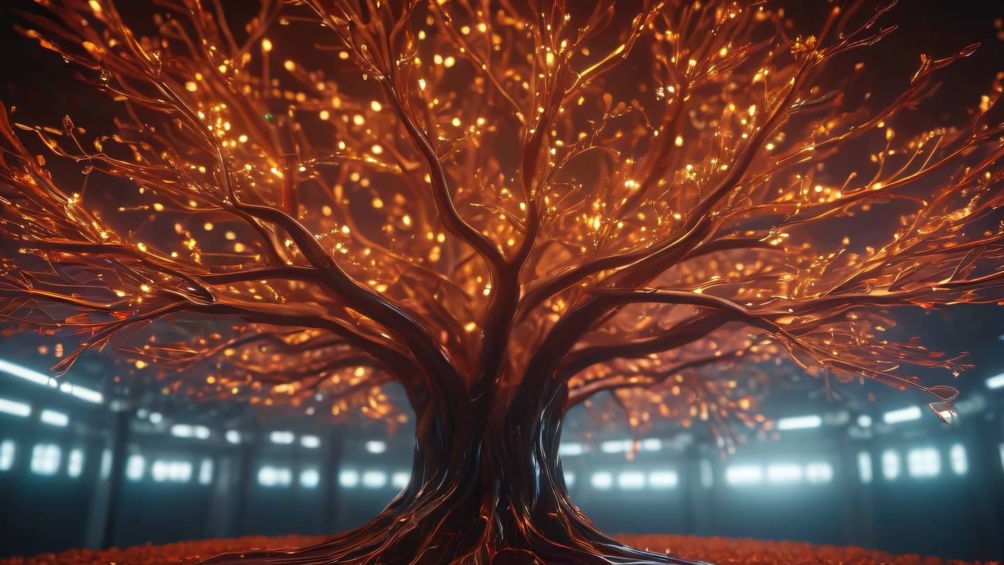 Futuristic circuit patterns forming a tree-like structure glowing with warm orange and bright red energy flowing through transparent crystal branches - high-quality ultra-realistic cinematic 8K UHD high resolution sharp and detail
