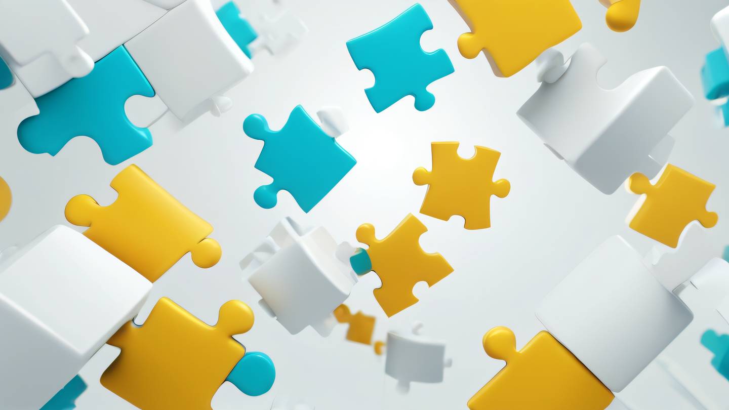 Abstract geometric shapes resembling interlocking puzzle pieces floating in space bright cyan and mustard yellow gradients swirling together against a pure white background high-quality ultra-realistic cinematic 8K UHD high resolution sharp and detail