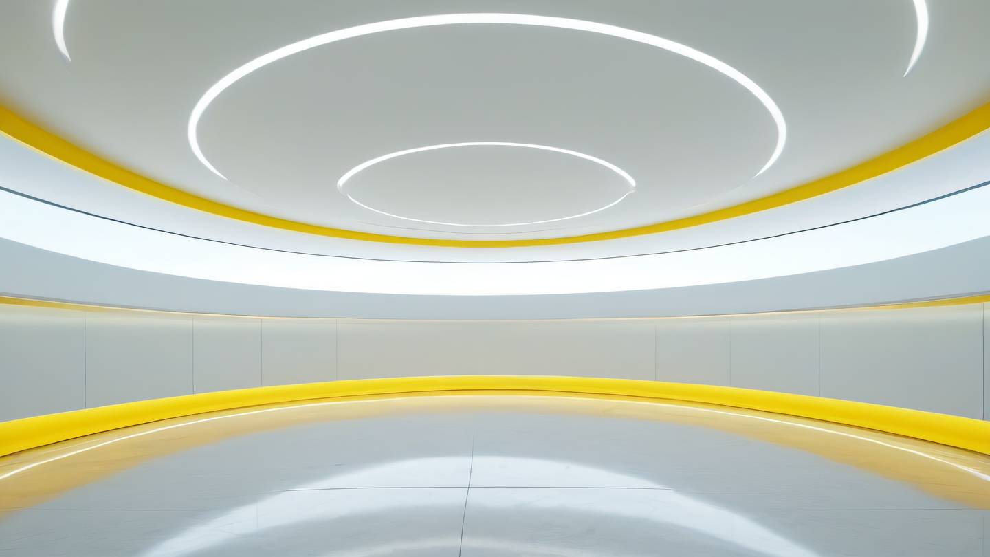 A minimalist futuristic interior with curved walls and large windows streaming natural light inside dominated by bright yellow and white tones photographed from a low angle perspective with wide-angle lens high-quality ultra-realistic cinematic 8K UHD high resolution sharp and detail