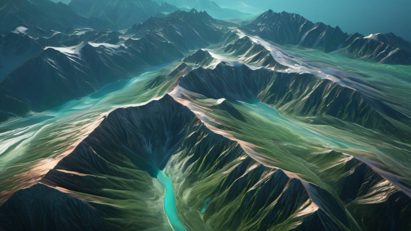 Abstract mountain ranges with natural green and turquoise colors blending into metallic copper highlights aerial perspective high-quality ultra-realistic cinematic 8K UHD high resolution sharp and detail