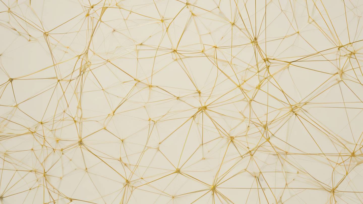 A minimalist abstract composition of interconnected geometric shapes forming a flowing network pattern rendered in bright ochre and grapeseed colors against an off-white background captured from a top-down perspective high-quality ultra-realistic cinematic 8K UHD high resolution sharp and detail