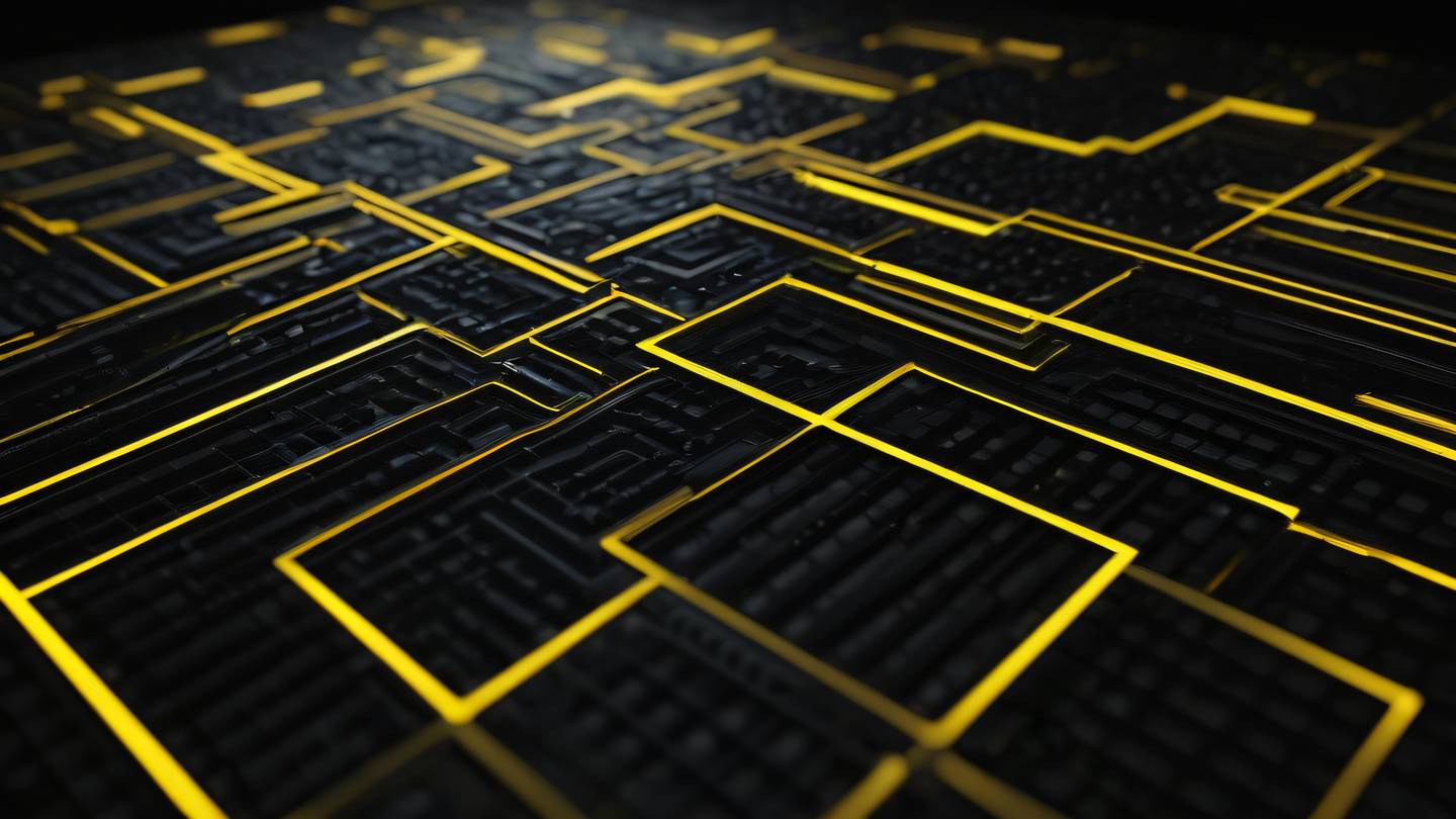 Abstract geometric patterns representing data flow featuring bright yellow crystalline structures against a pure black background flowing from top to bottom shot from a diagonal angle high-quality ultra-realistic cinematic 8K UHD high resolution sharp and detail