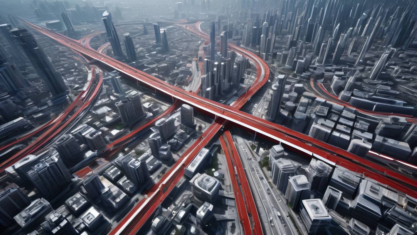 A futuristic abstract cityscape with interconnected pathways and nodes rendered in perfect red and white colors viewed from a bird's eye perspective high-quality ultra-realistic cinematic 8K UHD high resolution sharp and detail