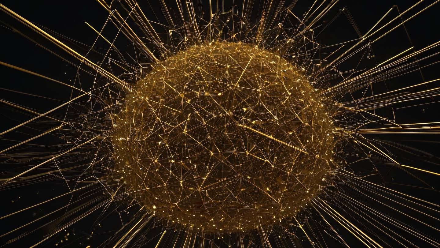 A complex network of floating geometric shapes and light trails forming an organized chaos rendered in bright grapeseed and ochre colors against a deep black background captured from a low angle perspective high-quality ultra-realistic cinematic 8K UHD high resolution sharp and detail