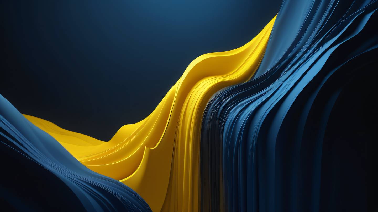 Dynamic geometric abstract shapes flowing like a waterfall dominated by bright canary yellow transitioning to deep blue gradients and off-black accents shot from a diagonal perspective high-quality ultra-realistic cinematic 8K UHD high resolution sharp and detail