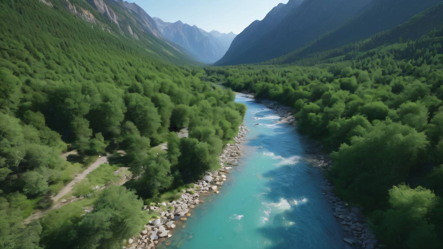Smooth flowing river through rocky mountains with crystal clear blue water and lush green vegetation on the banks shot from aerial perspective high-quality ultra-realistic cinematic 8K UHD high resolution sharp and detail
