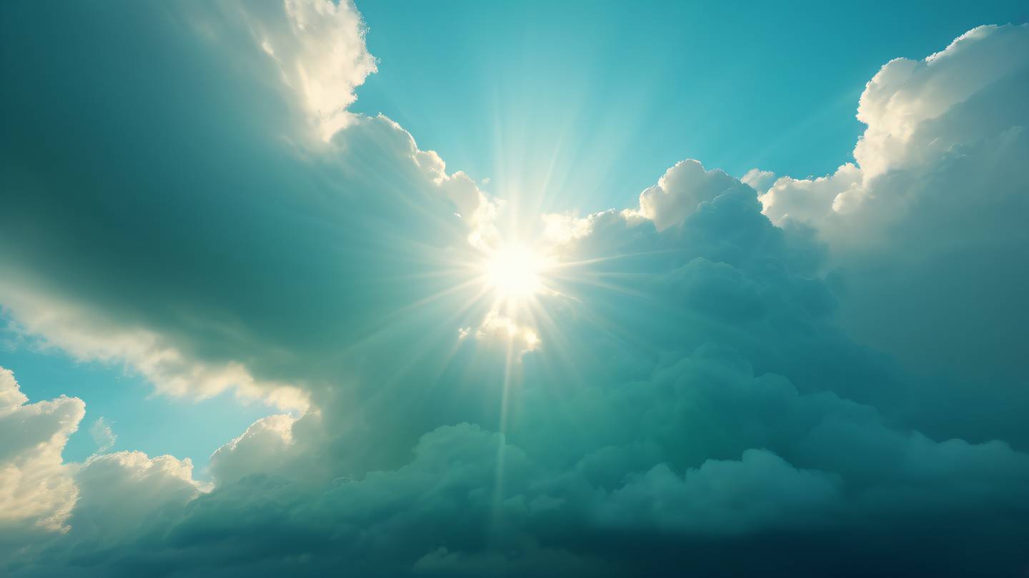 Ethereal cloudscape with streaming rays of sunlight featuring bright green and turquoise blue colors blending together in the sky captured from a low angle perspective high-quality ultra-realistic cinematic 8K UHD high resolution sharp and detail