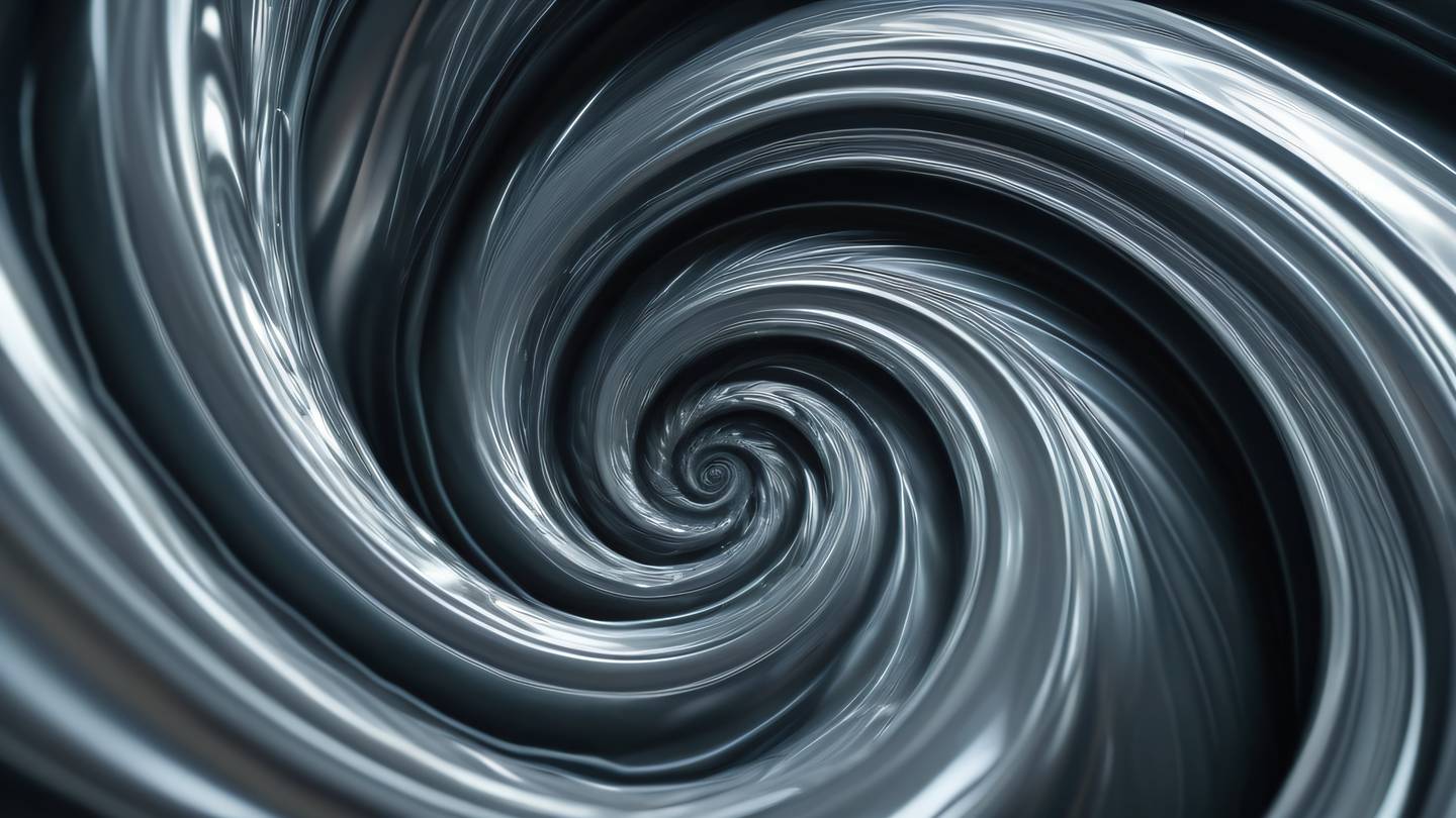 Abstract fluid motion of zinc metallic waves flowing in spiral patterns bird eye view angle high-quality ultra-realistic cinematic 8K UHD high resolution sharp and detail