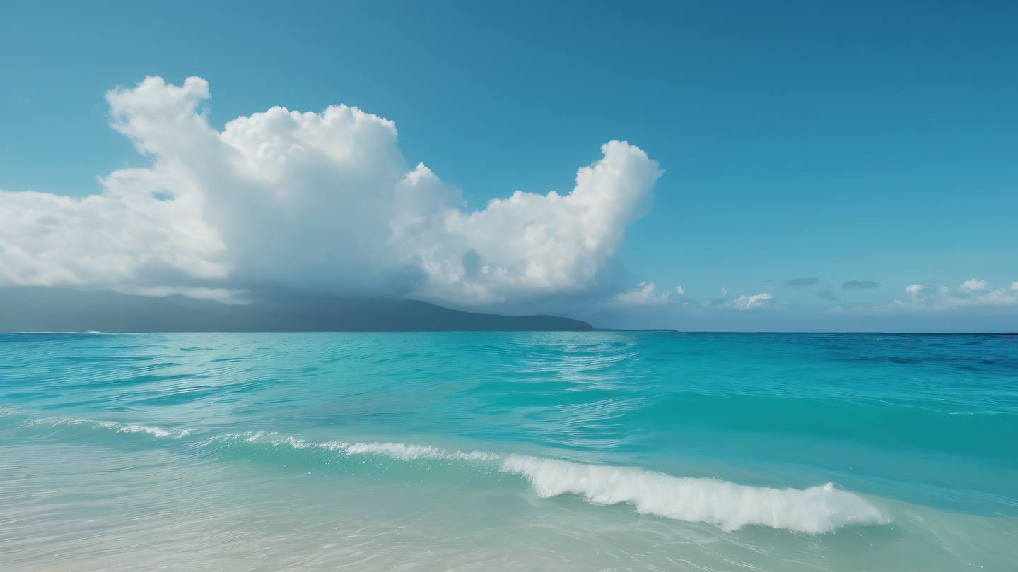 Gentle ocean waves rolling onto a turquoise beach with scattered clouds horizontal angle view minimalist yellow and blue tones high-quality ultra-realistic cinematic 8K UHD high resolution sharp and detail