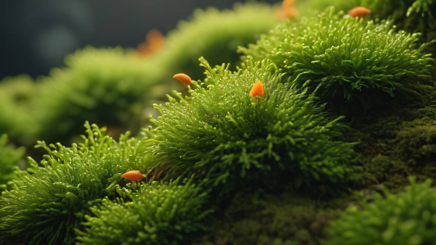 Ethereal fresh moss growing on geometric shapes with soft bright orange accents macro lens view angle high-quality ultra-realistic cinematic 8K UHD high resolution sharp and detail