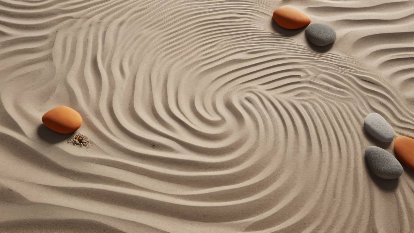 A minimalist zen garden with raked sand patterns and smooth stones featuring white sand and vibrant orange accent rocks shot from above with dramatic lighting high-quality ultra-realistic cinematic 8K UHD high resolution sharp and detail