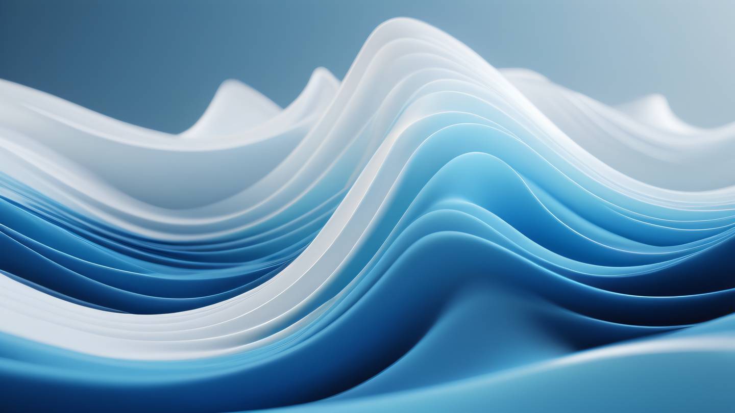 Abstract composition of flowing blue waves and white geometric shapes representing data flow and harmony captured from a side perspective with soft natural lighting high-quality ultra-realistic cinematic 8K UHD high resolution sharp and detail