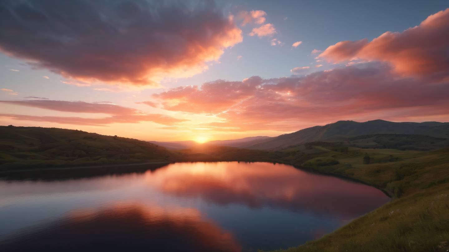 A serene landscape with white clouds and warm red sunset featuring rolling hills and calm waters photographed from a low angle perspective high-quality ultra-realistic cinematic 8K UHD high resolution sharp and detail