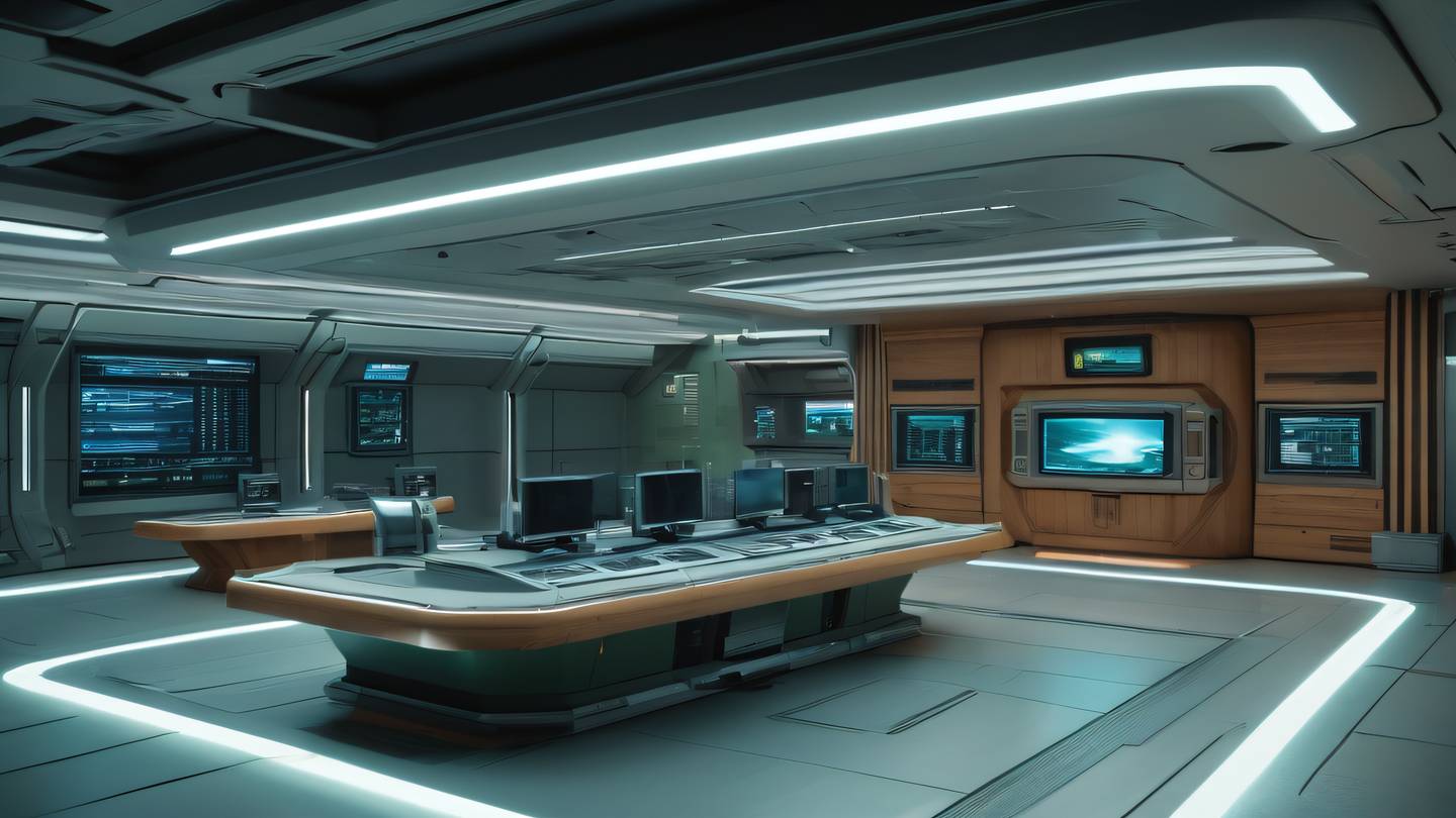 A space station control center with floating holographic form interfaces modern architectural elements with clean lines sage green and natural wood tones minimalist design aesthetic camera angle: dramatic diagonal perspective high-quality ultra-realistic cinematic 8K UHD high resolution sharp and detail